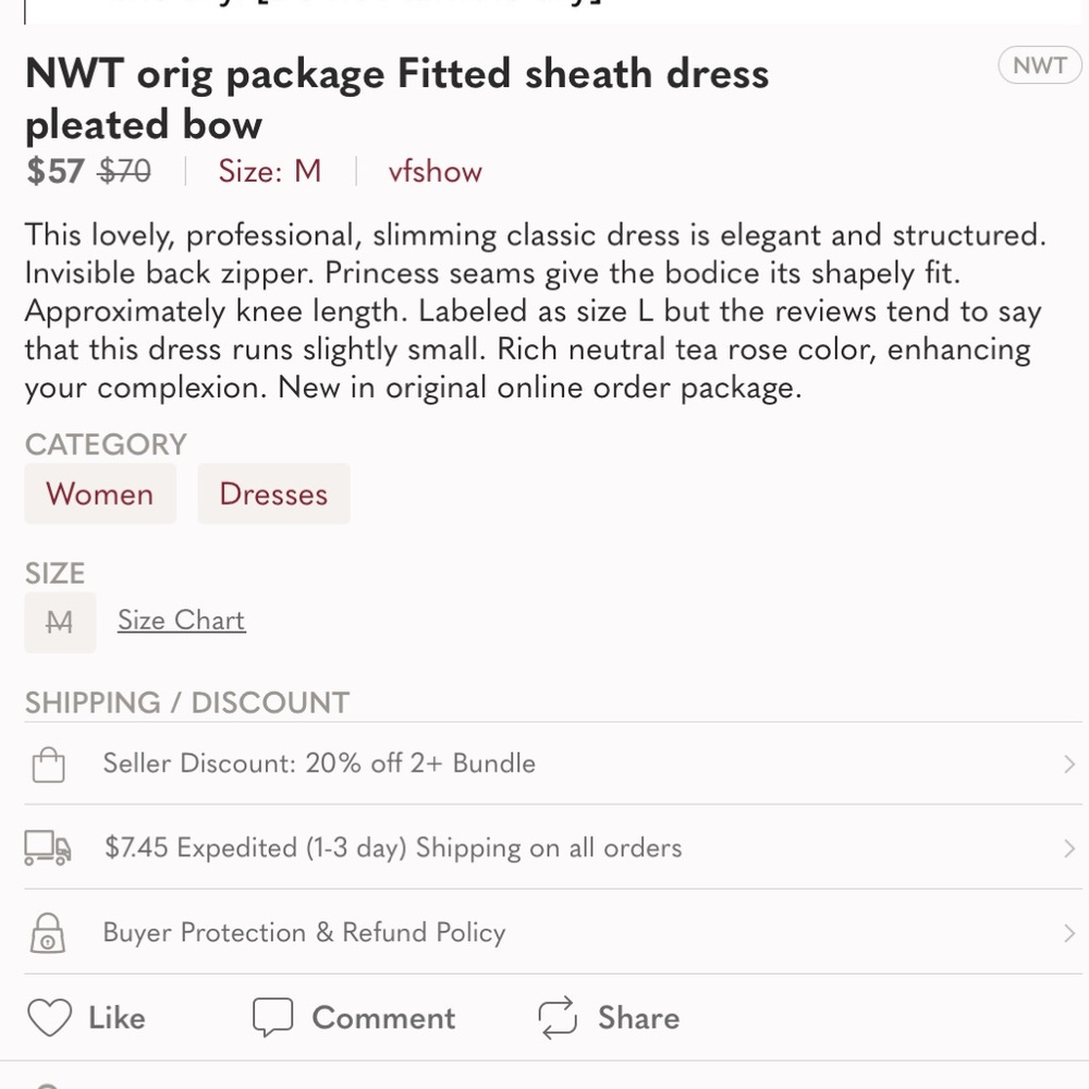 NWT bow pleat waist sheath vintage blush dress Med - Picture 10 of 10